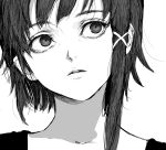  1girl asymmetrical_hair close-up expressionless hair_ornament hairclip inoitoh iwakura_lain looking_to_the_side messy_hair monochrome portrait serial_experiments_lain shadow shirt short_hair single_sidelock sketch solo white_background wide-eyed 