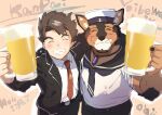  absurd_res alcohol anthro arm_around_shoulders beverage brown_body brown_fur canid canine canis clothing domestic_dog duo fur grin hi_res human lifewonders live_a_hero male male/male male_operator mammal necktie protagonist_(live_a_hero) pubraseer sailor_hat sailor_uniform smile suit youmoxto 
