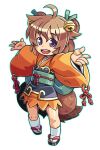  1girl :d ahoge animal_ears bell full_body green_outline hair_bell hair_ornament ichihime_moegi japanese_clothes kimono mawaru_(mawaru) obi open_mouth orange_kimono outline outstretched_arms purple_eyes raccoon_ears raccoon_girl raccoon_tail sash shinrabanshou short_hair simple_background smile socks solo tabi tail teeth upper_teeth_only white_background white_socks zouri 