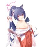  1girl animal_ear_fluff animal_ears bare_shoulders black_hair blue_archive breasts crossed_bangs flower gohei gun hair_between_eyes hair_flower hair_ornament hakama halo highres holding holding_gohei japanese_clothes long_hair long_sleeves looking_at_viewer medium_breasts miko pink_flower ponytail red_hakama sakana_(flame_sakana) scowl serika_(blue_archive) serika_(new_year)_(blue_archive) shaded_face simple_background solo very_long_hair weapon white_background wide_sleeves 