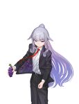  1girl absurdres black_pants black_suit formal gloves grey_hair highres hitman_(game) holding hololive hololive_english koseki_bijou long_hair long_sleeves looking_at_viewer multicolored_hair necktie pants purple_eyes red_necktie shirt suit virtual_youtuber white_shirt yokasparetime 