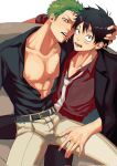  2boys abs belt black_belt black_hair black_shirt collarbone formal fulenimenle green_hair hand_on_another&#039;s_thigh highres holding_another&#039;s_head jewelry looking_at_viewer loose_necktie male_focus monkey_d._luffy multiple_boys muscular muscular_male necktie nipple_piercing on_lap one_eye_closed one_piece open_clothes open_mouth pants pectorals piercing red_shirt roronoa_zoro scar scar_across_eye scar_on_chest scar_on_face shirt shirt_tucked_in short_hair simple_background tongue tongue_out white_necktie white_pants yaoi 