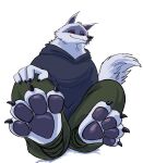  anthro black_pawpads canid canine canis clothed clothing death_(puss_in_boots) dreamworks feet fluffy foot_fetish foot_focus grin hi_res looking_at_viewer male mammal pawpads paws puss_in_boots_(dreamworks) red_eyes sitting smile solo ultimatellurker wolf 