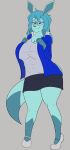  anthro big_breasts black_bottomwear black_clothing black_skirt blue_clothing blue_eyes blue_eyewear blue_glasses blue_hair blue_jacket blue_topwear bottomwear breasts chubby_female clothed clothing eeveelution eyewear female footwear generation_4_pokemon glaceon glasses grey_clothing grey_shirt grey_topwear hair hi_res huge_breasts jacket looking_at_viewer neelu_(sin_cyan06) nintendo pokemon pokemon_(species) shirt shoes skirt smile solo teal_body thick_thighs topwear turquoise_markings vexxyvex white_clothing white_footwear white_shoes wide_hips 
