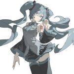  1girl absurdres ahoge bare_shoulders black_skirt black_sleeves black_thighhighs blue_eyes blue_hair blue_necktie breast_pocket closed_mouth collared_shirt cowboy_shot detached_sleeves floating_hair floating_necktie grey_shirt hair_between_eyes hair_ornament hatsune_miku headphones highres long_hair looking_at_viewer microphone necktie number_tattoo pleated_skirt pocket qtian shirt sidelocks simple_background skirt sleeveless sleeveless_shirt solo tattoo thighhighs twintails vocaloid white_background wide_sleeves zettai_ryouiki 