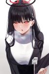  1girl black_hair blue_archive blunt_bangs blush breasts hair_ornament hairclip halo large_breasts long_hair long_sleeves looking_at_viewer red_eyes rio_(blue_archive) solo sweater toey turtleneck turtleneck_sweater white_sweater 