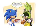  1boy 1girl black_shirt blue_eyes border burger ear_piercing earrings english_text food francoisl-artblog furry furry_female furry_male gloves green_eyes hand_on_hip highres holding holding_food hot_dog jewelry open_mouth pants piercing pointing shirt simple_background sonic_(series) sonic_the_hedgehog speech_bubble surge_the_tenrec teeth upper_teeth_only white_border white_gloves yellow_pants 