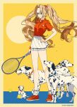  1girl animal ankle_socks ball blue_collar blue_eyes brown_hair closed_mouth collar dalmatian dog hair_ribbon hand_on_own_hip highres holding keishin long_hair long_legs orange_footwear original pack_of_dogs puppy racket red_collar red_shirt ribbon shirt simple_background skirt smile socks solo sportswear tennis_ball tennis_racket too_many_dogs twintails white_skirt 