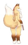  anthro big_breasts biped breasts brown_body brown_fur canid canine clothing dangan female fox fur headgear headgear_only headwear headwear_only holding_object huge_breasts inner_ear_fluff leg_markings looking_at_viewer looking_back mammal markings mostly_nude muramasa:_princess_commander okabe_masatsuna pupils rear_view silicon_studio simple_background slit_pupils socks_(marking) solo tail tuft white_background white_body white_fur white_inner_ear_fluff yellow_body yellow_eyes yellow_fur 
