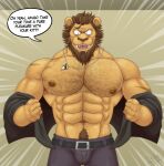  abs anthro beastars belt biceps body_hair brown_body brown_fur chest_hair clothed clothing collar dialogue dolph_(beastars) facial_scar felid feline fur grey_clothing hi_res jabuhusky jewelry licking licking_lips lion male mammal mane muscular muscular_anthro muscular_male necklace nipples pantherine pecs scar shirt simple_background solo speech_bubble tongue tongue_out tooth_necklace topwear 