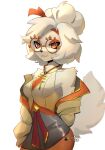  2023 :3 accessory amber_eyes anthro artist_name bitterk4t black_nose blonde_hair breath_of_the_wild canid canine canis clothed clothing domestic_dog dress eyelashes eyewear female fully_clothed glasses hair hair_accessory hair_bun hairband hi_res jacket looking_at_viewer mammal nintendo purah short_hair simple_background smile solo standing the_legend_of_zelda topwear watermark white_background 