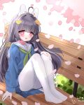  1girl absurdres bench black_hair blue_archive blush breasts bright_pupils cherry_blossoms collared_shirt gloves halo highres leaf leaf_on_head long_hair looking_at_viewer miyu_(blue_archive) on_bench red_eyes school_uniform serafuku shirt sitting_on_bench solo user_ryty2833 white_pupils 