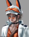  1boy absurdres animal_ears coat collar collarbone english_commentary glasses green_eyes grey_background hat highres koen801 male_focus mysta_rias mysta_rias_(1st_costume) nijisanji nijisanji_en orange_shirt portrait self-upload shirt smile solo 