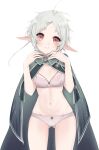  1girl absurdres antenna_hair ass_visible_through_thighs bra breasts cloak closed_mouth elf green_cloak hands_up head_tilt highres mushoku_tensei nanananahoshi_(artist) navel panties pointy_ears red_eyes short_hair simple_background small_breasts smile solo sylphiette_(mushoku_tensei) underwear white_background white_bra white_panties 