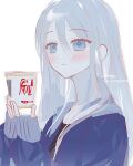  1girl blue_eyes blue_jacket blush closed_mouth cup_noodle cup_ramen hair_between_eyes jacket long_hair long_sleeves project_sekai solo twitter_username upper_body very_long_hair white_background white_hair xxxxgom yoisaki_kanade 