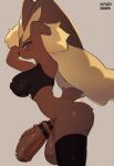  2023 anthro balls breasts brown_body brown_fur clothing erection fur generation_4_pokemon genitals hi_res honeycalamari lagomorph legwear long_ears looking_at_viewer lopunny mammal nintendo penis pokemon pokemon_(species) side_view simple_background solo thigh_highs vein veiny_penis 