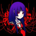  1girl black_background black_serafuku blunt_bangs calvet closed_mouth enma_ai flower hime_cut jigoku_shoujo long_hair neckerchief purple_hair red_eyes red_flower red_neckerchief sailor_collar school_uniform serafuku simple_background solo spider_lily upper_body 