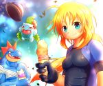  1girl ahoge bandaged_arm bandages black_gloves black_shirt blonde_hair blue_eyes blue_jacket blush chigirimaru covered_nipples fangs feraligatr gloves hat hat_removed headwear_removed highres holding_ice_cream ivysaur jacket leaf licking_lips long_hair open_clothes open_jacket open_mouth pokemon pokemon_(creature) red_eyes scar scar_across_eye shirt short_hair smile tongue tongue_out 