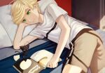  1boy 1other adrien_agreste bed black_shorts blonde_hair book chat_noir cheesecake closed_mouth food green_eyes highres hm89509321 lightning lying male_focus miraculous_ladybug shirt short_hair shorts smile t-shirt white_shirt 