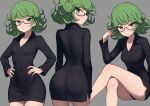  1girl ass black_dress black_panties breasts closed_mouth collared_dress covered_navel crossed_legs curly_hair dress glasses green_eyes green_hair hands_on_own_hips highres invisible_chair long_sleeves looking_at_viewer looking_back mikoscrub multiple_views one-punch_man panties parted_lips semi-rimless_eyewear sitting small_breasts tatsumaki underwear 
