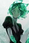  1other amputee androgynous aqua_eyes aqua_hair aqua_tongue black_shirt collared_shirt colored_eyelashes colored_skin colored_tongue crystal_hair gem gem_uniform_(houseki_no_kuni) glowing glowing_hair green_eyes green_hair half-closed_eyes highres houseki_no_kuni missing_limb necktie other_focus parted_bangs parted_lips phosphophyllite puffy_short_sleeves puffy_sleeves shirt short_hair short_sleeves solo takenokonoko white_shirt white_skin wing_collar 