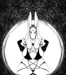  2023 absurd_res anthro armwear big_breasts biped black_and_white breasts clothing female fishnet fishnet_armwear front_view hi_res huge_breasts lagomorph leporid lilly_(waismuth) looking_at_viewer mammal misscaine monochrome nun pentacle pentagram rabbit slightly_chubby slightly_chubby_anthro slightly_chubby_female solo 