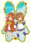  2girls arle_nadja blue_fire blue_sky blush boots brown_hair dual_persona fire flower higurashi_73 looking_at_viewer madou_monogatari multiple_girls one_eye_closed open_mouth puyopuyo short_hair side_ponytail sky smile sunflower white_footwear yellow_eyes 