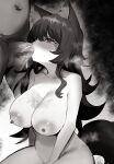 1girl absurdres animal_ears black_hair blush breasts breath commission cum cum_in_mouth cumdrip darkdeaththorn drooling fellatio greyscale hair_over_one_eye hetero highres hololive large_areolae large_breasts long_hair looking_up male_pubic_hair monochrome nose_blush nude ookami_mio oral penis pubic_hair rolling_eyes solo_focus tail tongue tongue_out very_long_hair virtual_youtuber vomit wolf_ears wolf_girl wolf_tail 