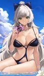  1girl absurdres arm_support armpit_crease azur_lane bikini blue_bikini blue_bow blue_nails blue_sky bow bracelet breasts camera cleavage commentary_request gold_necklace green_eyes grey_hair grin hair_bow highres holding holding_camera in_water jewelry large_breasts long_hair looking_at_viewer nail_polish navel necklace official_alternate_costume sitting sky smile soar_sora222 solo stomach swimsuit very_long_hair vittorio_veneto_(azur_lane) vittorio_veneto_(the_flower_of_la_spezia)_(azur_lane) wet yokozuwari 