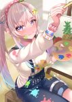  1girl airani_iofifteen airani_iofifteen_(1st_costume) arm_scrunchie blue_bow blue_overalls blush bow hair_bow hair_ornament hairband highres holding holding_paintbrush holding_palette hololive hololive_indonesia long_hair looking_at_viewer looking_up multicolored_hairband overalls paint paint_on_body paint_on_clothes paint_splatter paint_splatter_on_face paintbrush painting_(action) painting_(object) palette_(object) palette_hair_ornament palette_print pink_hair pink_hairband purple_eyes scrunchie sidelocks smile solo thigh_strap virtual_youtuber yellow_hairband zacky 