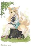  1girl :d absurdres animal_ears arknights black_cat blonde_hair blue_hairband blue_skirt brown_footwear cat commentary_request crossover fox_ears fox_girl fox_tail frilled_hairband frills fuyu_mika_(altarcitrus) green_eyes hair_between_eyes hairband highres kitsune long_hair long_sleeves looking_at_viewer luo_xiaohei luo_xiaohei_zhanji neck_ribbon pantyhose pleated_skirt puffy_long_sleeves puffy_sleeves red_ribbon ribbon shirt shoes skirt sleeves_past_wrists smile suzuran_(arknights) suzuran_(spring_praise)_(arknights) tail tree_stump very_long_hair white_pantyhose white_shirt 