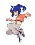  1girl blue_hair chinese_commentary commentary_request crop_top full_body grey_pants highres long_hair meowzng midriff multicolored_hair open_mouth orange_shirt original pants ponytail shirt shoes short_sleeves simple_background sneakers solo streaked_hair white_background white_hair wristband yellow_wristband 