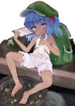  1girl absurdres backpack bag bananannu barefoot bloomers blue_eyes blue_hair blush collarbone flat_cap green_headwear hair_between_eyes hair_bobbles hair_ornament hat highres ice kawashiro_nitori medium_hair mosquito_coil open_mouth sitting soaking_feet solo tan tanlines touhou towel underwear water white_bloomers 