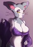  2020 abbirabbit anthro big_breasts bra breasts clothed clothing digital_media_(artwork) felid feline female generation_4_pokemon hi_res lips looking_at_viewer mammal mature_female nintendo pokemon pokemon_(species) purugly robe simple_background slightly_chubby smile solo thick_lips underwear whiskers 