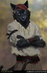  2023 anthro black_body black_fur black_nose blue_eyes bottomwear canid canine canis clothed clothing conway_(game) fur head_covering looking_at_viewer male mammal nomax pants red_belt shirt solo tail text topwear url white_clothing white_shirt white_topwear wolf wolf_(conway) 