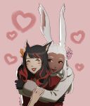  2girls animal_ears black_gloves black_hair brown_eyes brown_lips cat_ears commentary commission dark-skinned_female dark_skin english_commentary facial_mark final_fantasy final_fantasy_xiv flower gloves hair_flower hair_ornament heart highres hug hug_from_behind interracial jacket koffo-art miqo&#039;te multicolored_hair multiple_girls parted_lips pink_background rabbit_ears red_hair red_lips smile streaked_hair twitter_username two-tone_hair viera warrior_of_light_(ff14) whisker_markings white_hair yellow_eyes yuri 