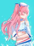  1girl bare_shoulders blush choker commentary_request hair_ribbon heart highres long_hair momoi_airi navel parted_lips pink_eyes pink_hair project_sekai ribbon short_twintails solo stomach twintails yurun_(yurun_ume) 
