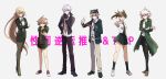  3boys 3girls :o absurdres ahoge black_gloves black_headwear black_pants blonde_hair brown_footwear brown_hair brown_jacket brown_pants brown_pantyhose brown_skirt collared_shirt danganronpa:_trigger_happy_havoc danganronpa_(series) danganronpa_2:_goodbye_despair dress_shirt full_body galaga genderswap genderswap_(ftm) genderswap_(mtf) gloves green_hoodie green_necktie grey_background grey_hair hair_ornament hand_up handheld_game_console high_heels highres hinata_hajime holding holding_handheld_game_console hood hoodie jacket kirigiri_kyoko komaeda_nagito long_hair miniskirt momo_no_yu multiple_boys multiple_girls naegi_makoto nanami_chiaki necktie open_clothes open_jacket orange_necktie pants pantyhose playstation_portable pleated_skirt ponytail print_shirt purple_jacket red_footwear shirt shirt_tucked_in short_hair simple_background skirt socks standing teeth togami_byakuya torn_clothes torn_pants translation_request two-tone_shirt upper_teeth_only white_hair white_shirt 