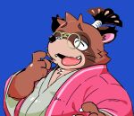  2023 anthro asian_clothing belly big_belly blue_background brown_body canid canine clothing east_asian_clothing eyewear glasses gokrakstyle humanoid_hands japanese_clothing kemono male mammal matsudaira_hirotada overweight overweight_male raccoon_dog sengoku_puzzle simple_background solo tanuki 