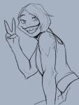  anthro bottomwear clothed clothing crop_top digital_media_(artwork) fur gesture hair hi_res looking_at_viewer male midriff monochrome monster pants peace_symbol prismanoodle_(artist) shirt simple_background sketch smile solo tank_top topwear v_sign 