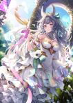  1girl animal_ears blue_gemstone blue_sky blurry blurry_background breasts character_request cleavage covered_navel crescent dress flower frilled_dress frills gem gold_trim green_eyes green_ribbon grey_hair hair_ribbon highres holding holding_staff iriam large_breasts long_hair pink_gemstone pink_ribbon ribbon second-party_source sky smile solo staff strapless strapless_dress tiara totomiya white_dress white_flower 