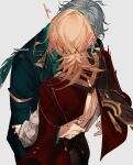  2boys alhaitham_(genshin_impact) alternate_costume artist_name back_cutout black_pants blonde_hair blush clothing_cutout genshin_impact green_hair grey_background grey_hair hair_ornament hairclip highres hug implied_kiss jacket kaveh_(genshin_impact) long_hair long_sleeves male_focus multicolored_hair multiple_boys pants simple_background x_hair_ornament yaoi yuelight 