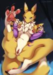  absurd_res anthro anus bandai_namco blue_eyes breasts butt canid canine claws digimon digimon_(species) female fluffy fluffy_tail forest forest_background fox fur genitals hi_res liloli_(artist) mammal mane nature nature_background nipple_piercing nipples pawpads paws piercing pinup plant pose pussy renamon solo tail tree white_body yellow_body yellow_fur 