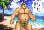  1boy abs arm_hair bara beach belly blush bulge character_request chest_hair cloud cloudy_sky covered_penis covered_testicles embarrassed erection erection_under_clothes facial_hair feet_out_of_frame gon_(gontaku) green_male_swimwear hairy large_pectorals long_sideburns male_focus male_swimwear mature_male muscular muscular_male navel nipples official_alternate_costume old old_man palm_tree pectorals plump see-through short_hair sideburns sky solo standing stomach stubble swim_briefs thick_thighs thighs tokyo_afterschool_summoners topless_male tree wet_male_swimwear 