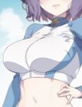  1girl blue_archive blurry blush breast_focus breasts cloud cropped_jacket day hand_on_own_hip head_out_of_frame highres jacket large_breasts long_sleeves midriff mku outdoors parted_lips purple_hair saki_(blue_archive) saki_(swimsuit)_(blue_archive) short_hair sky solo upper_body 