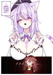  2girls absurdres animal_ear_fluff animal_ears blush bone_hair_ornament breasts cat_ears cat_girl cat_tail commentary dog_ears dog_girl dog_tail english_text hair_between_eyes hair_ornament hat heart_on_chest highres hololive inugami_korone inugami_korone_(2nd_costume) large_breasts long_sleeves multiple_girls neck_ribbon nekomata_okayu nekomata_okayu_(6th_costume) official_alternate_costume open_mouth purple_eyes purple_hair ribbon shirt simple_background symbol-only_commentary tail tearing_up unexistarts virtual_youtuber white_background white_shirt 