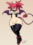  2023 big_butt blush blush_lines bone bottom_heavy bra breasts butt clothing demon demon_humanoid disgaea ear_piercing ear_ring etna_(disgaea) female genitals hair hi_res huge_butt huge_thighs humanoid humanoid_pointy_ears narrowed_eyes navel piercing pussy red_eyes red_hair ring_piercing signature simple_background skull small_breasts solo spade_tail standing tail text thick_thighs underwear wide_hips winged_humanoid wings zedrin 