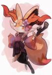  1girl animal_ear_fluff animal_ears animal_nose artist_name black_fur blush body_fur border braixen closed_mouth clothed_pokemon commentary detached_sleeves english_commentary flat_chest flower fox_ears fox_girl fox_tail from_side full_body furry furry_female hair_flower hair_ornament hands_up happy highres ikei japanese_clothes kimono long_sleeves looking_back multicolored_fur neck_fur outside_border pokemon pokemon_(creature) purple_flower purple_kimono purple_sleeves red_background red_eyes red_trim redrawn signature simple_background sleeveless sleeveless_kimono smile snout solo standing stick tail white_border white_fur wide_sleeves yellow_fur 