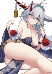  1girl antenna_hair artist_name ass azur_lane beckoning blue_kimono blush breasts cleavage commentary_request crossed_bangs floral_print grey_eyes grey_hair grin hair_between_eyes hair_intakes hakuryuu_(azur_lane) hakuryuu_(flash_of_silk_and_strings)_(azur_lane) highres horn_bell horn_flower horns huge_breasts japanese_clothes kainines kimono lounging mole mole_on_breast panties simple_background smile thighs underwear white_background white_panties 