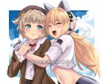  2girls absurdres alte_27 animal_ears betty_(girls&#039;_frontline_nc) blonde_hair blue_eyes blush brown_jacket cat_ears closed_eyes commentary commission english_commentary fake_animal_ears fang girls&#039;_frontline girls&#039;_frontline_neural_cloud hair_ornament highres hug idw_(girls&#039;_frontline) jacket jessie_(girls&#039;_frontline_nc) light_brown_hair long_hair m1897_(girls&#039;_frontline) midriff multiple_girls navel open_mouth shirt short_hair skin_fang sky_background smile upper_body white_shirt 